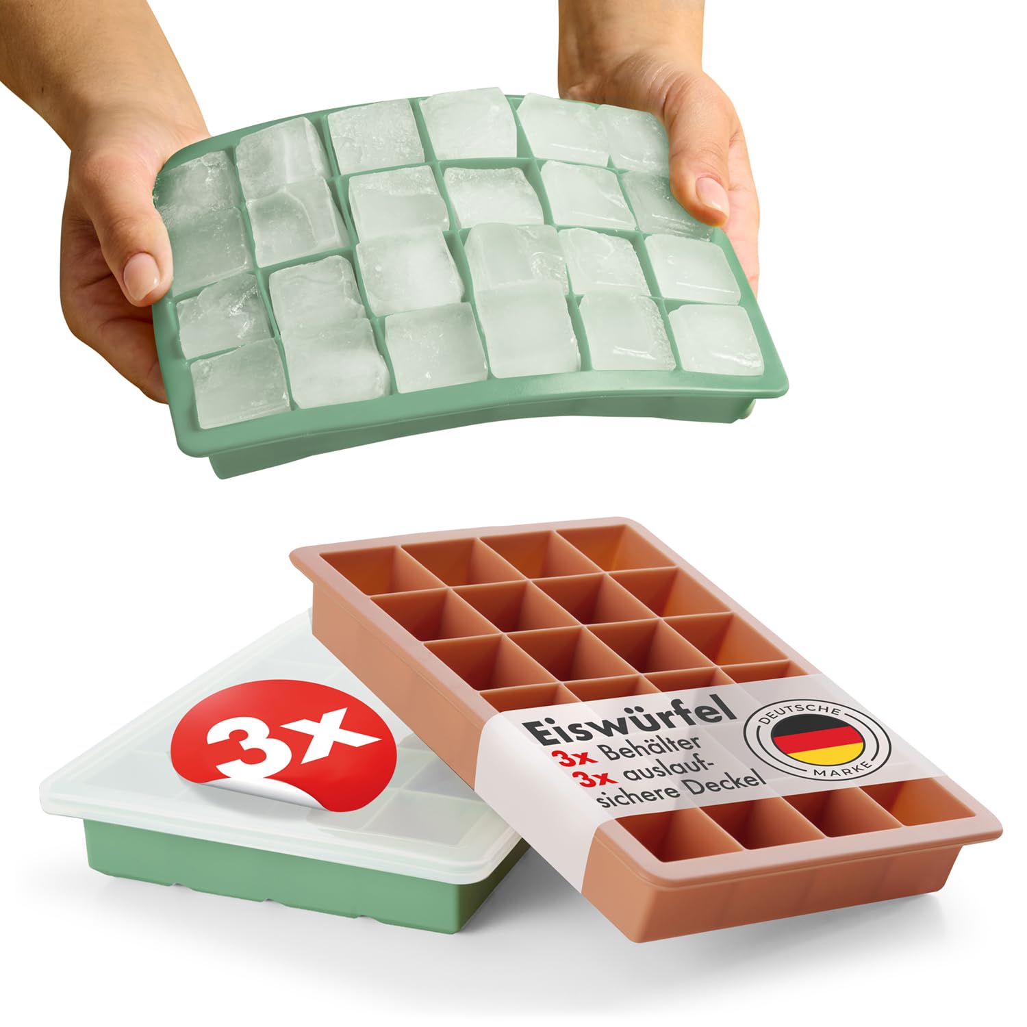 Blumtal Eiswürfelformen Silikon 3er Set - 24er Eiswürfelform mit Deckel - BPA-freie Silikon Eiswürfelform - Ice Cube Tray lebensmittelecht - Ice Tray - Olivgrün + Olivgrün + Mineral Rot