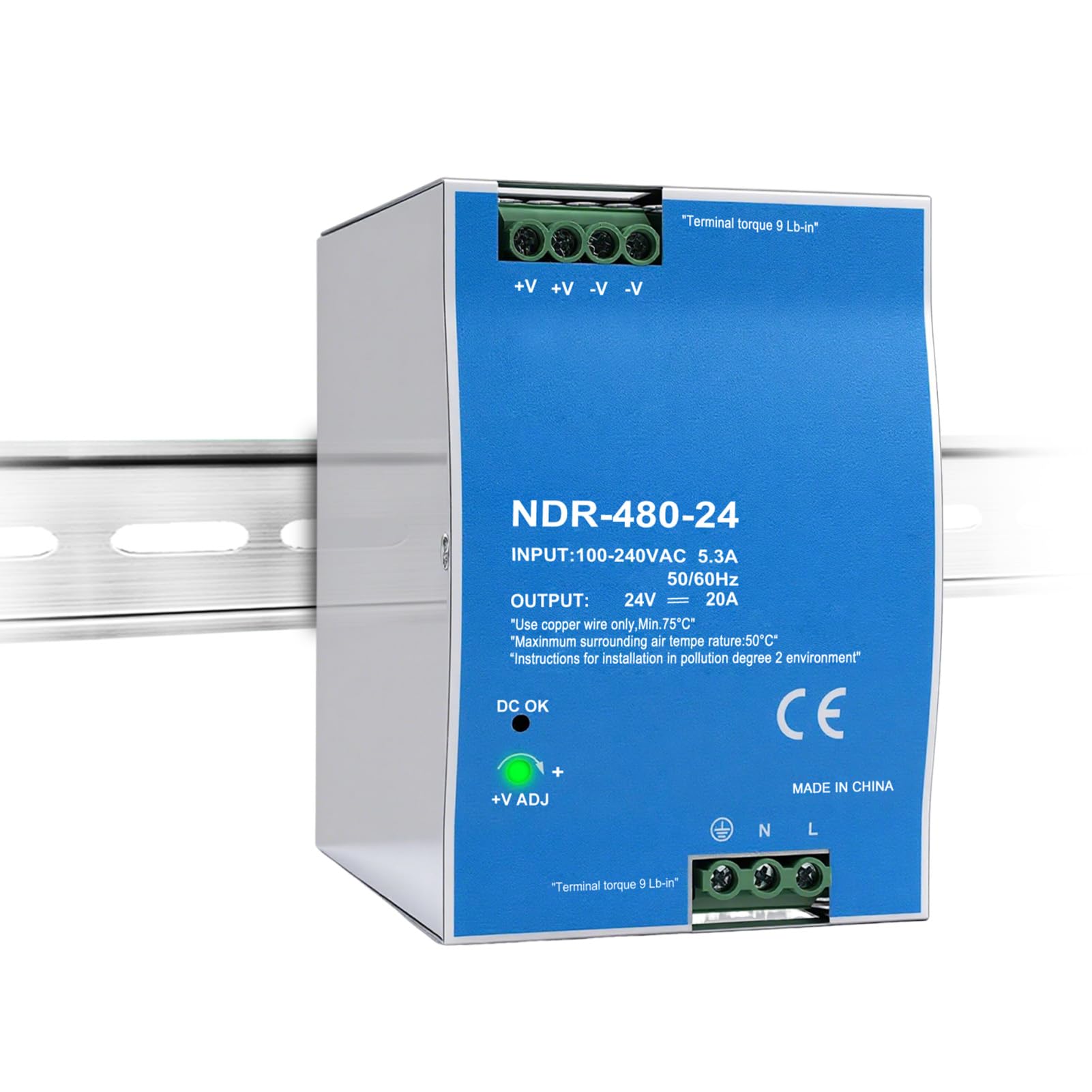 Fuente de alimentación carril DIN 24V 20A 480W transformador din rail Entrada AC100-240V 5.3A salida DC 24V 20A fuente de alimentacion DIN Rail industrial NDR-480-24