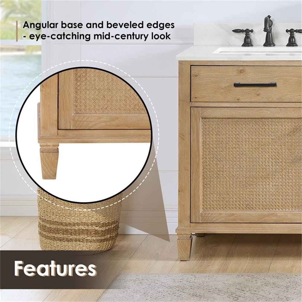 Pemberly Row 72" Wood Bathroom Vanity Base, Weathered Fir Finish, Kiln-Dried Fir and Pine Construction, Handcrafted Rattan Cabinet Fronts, Soft-Closing Doors and Drawers, Coastal Style