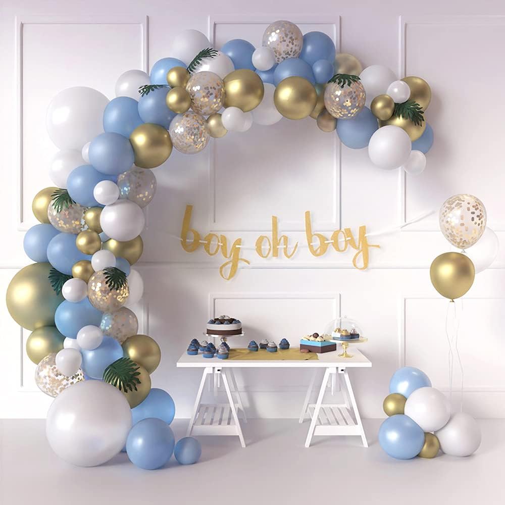 Sweet Baby Company Co. Boy Shower Blue Balloon Garland Arch Kit for Boy with Greenery Leaves Decorations, Boy Oh Boy Banner, Confetti, Metallic Gold, White, Blue Balloons | Elephant Party Decoration