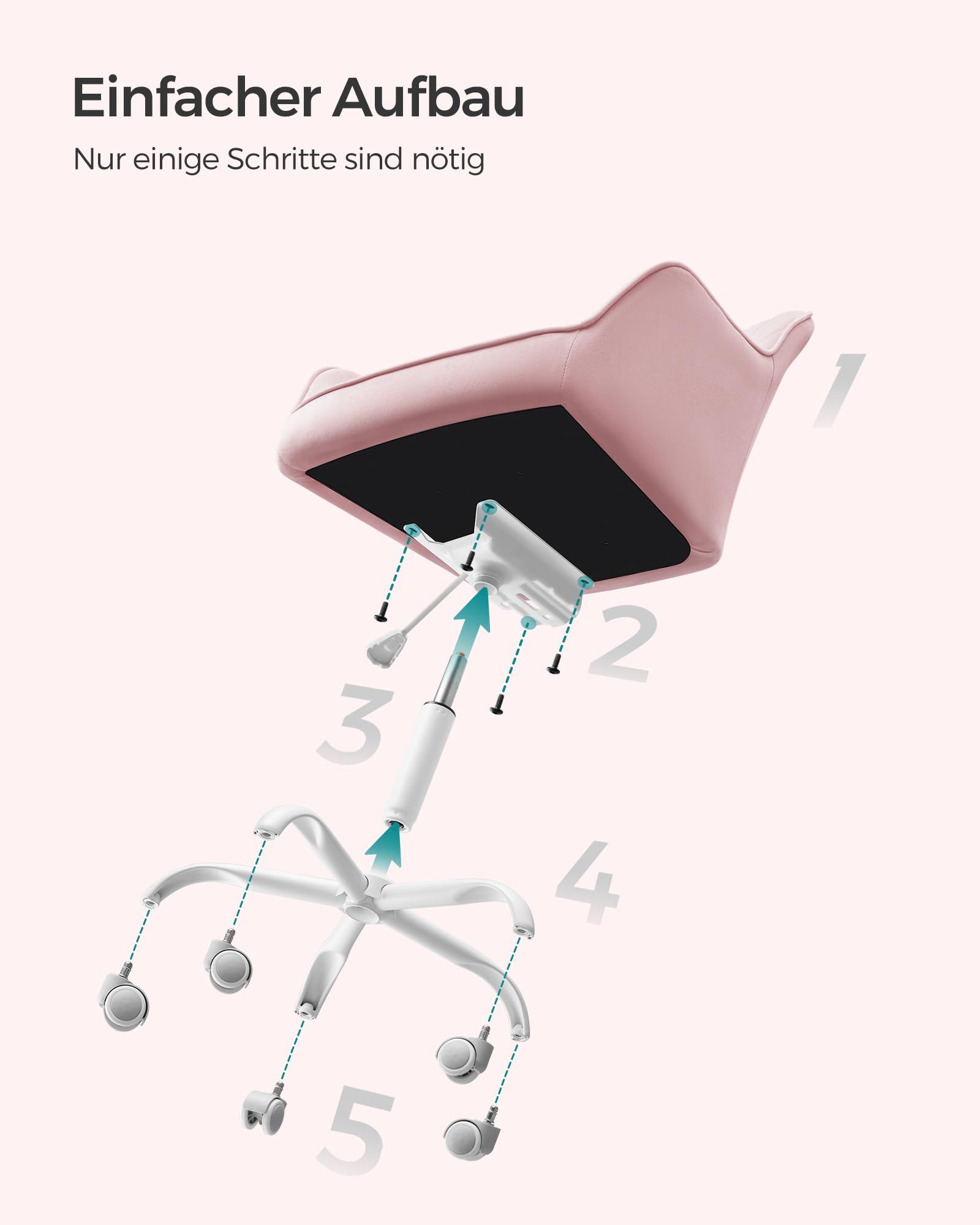 SONGMICS Bürostuhl, Drehstuhl mit Samtbezug, Schaumstoffpolsterung, höhenverstellbar, für Arbeitszimmer, Bar, pastellrosa OBG012R01