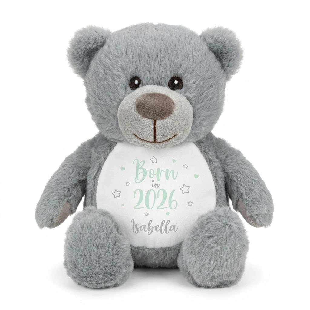 Personalised Born in 2026 Grey Teddy Bear New Baby Gift with Name