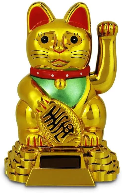 Lucky Cat Waving Moving Arm Solar Power Chinese Oriental Fortune Good Fortune Maneki Neko Feng Shui Money Decoration Dancing Cats Chinese Gift (Gold)