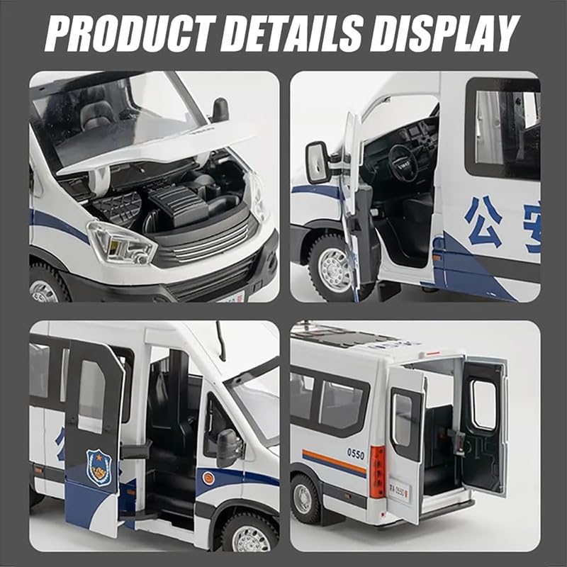 Image of Kids Model 1:24 Van Police Die Cast Metal Car Pull Back Action Opening Doors with Realistic Engine Sound Lights Toy Car Gift for Boys - White