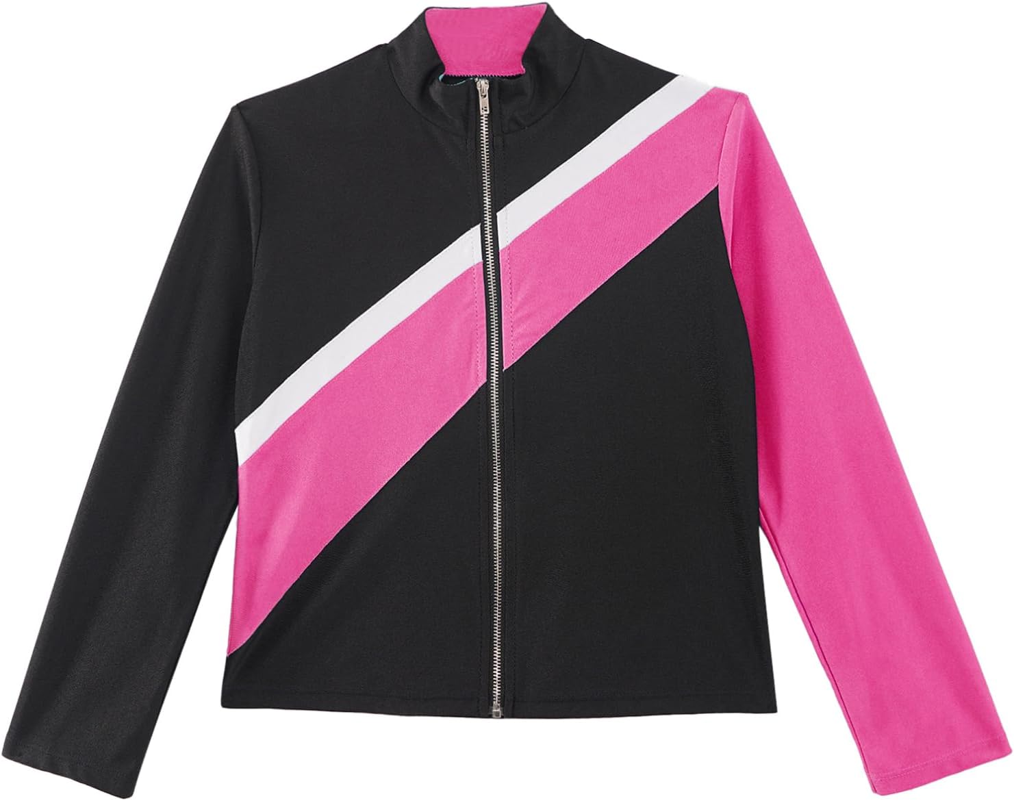 TiaoBug Kids Girls Long Sleeve Zipper Yoga Jacket Contrast Color Patchwork Sport Tops Figure Skating Training Coat