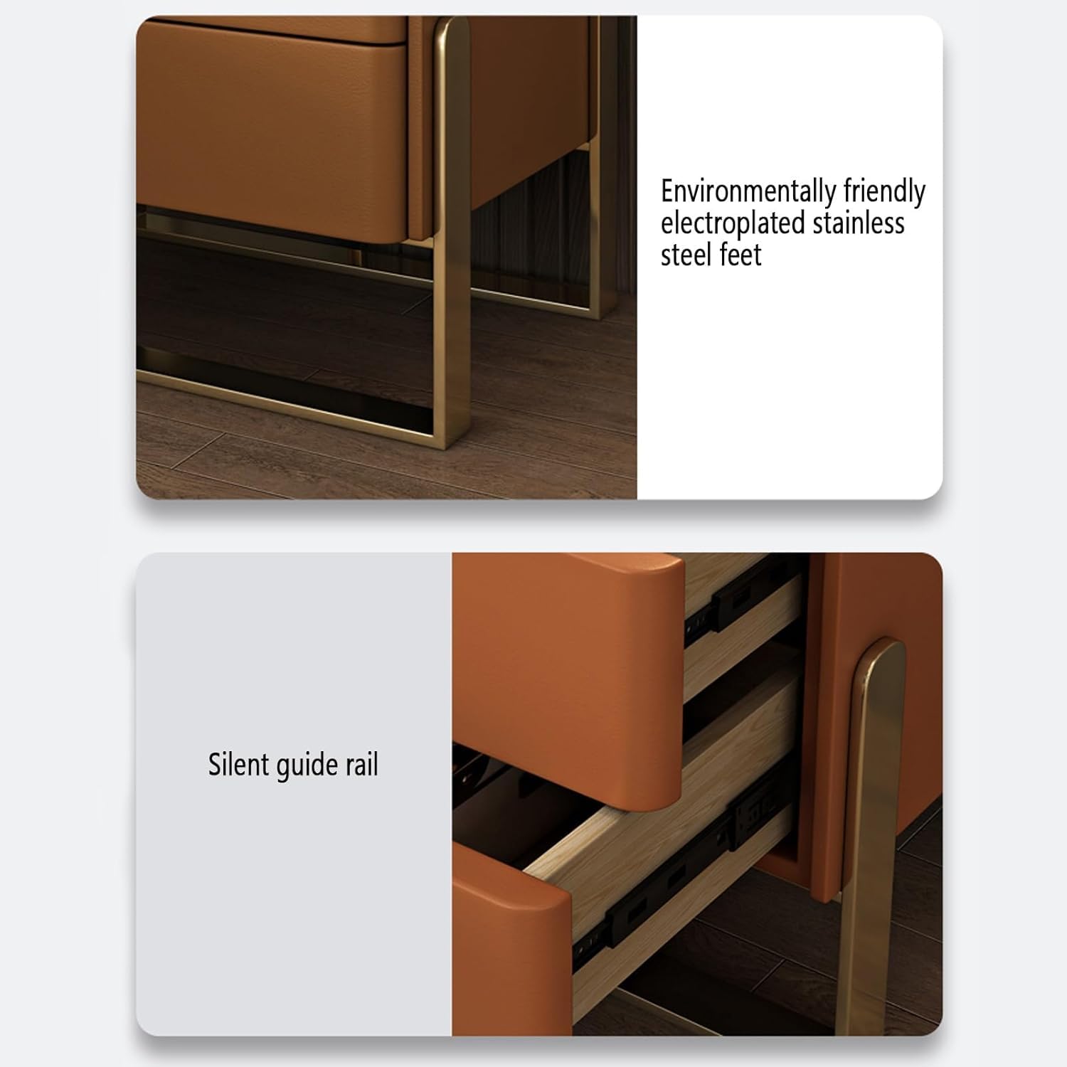Juego de 2 mesitas de noche modernas con acabado de cuero con cajones, mesitas de noche estrechas para dormitorio, marco de pedestal de metal, mesita de noche para mesas auxiliares de cama