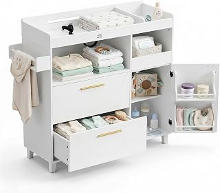 Karl home Nursery Dresser with Changing Table, Baby Diaper Changing Station Infant Nursing Table with 2 Drawers & Side Shelves, Dismountable Safety Rail & Strap for Bedroom, Nursery, White