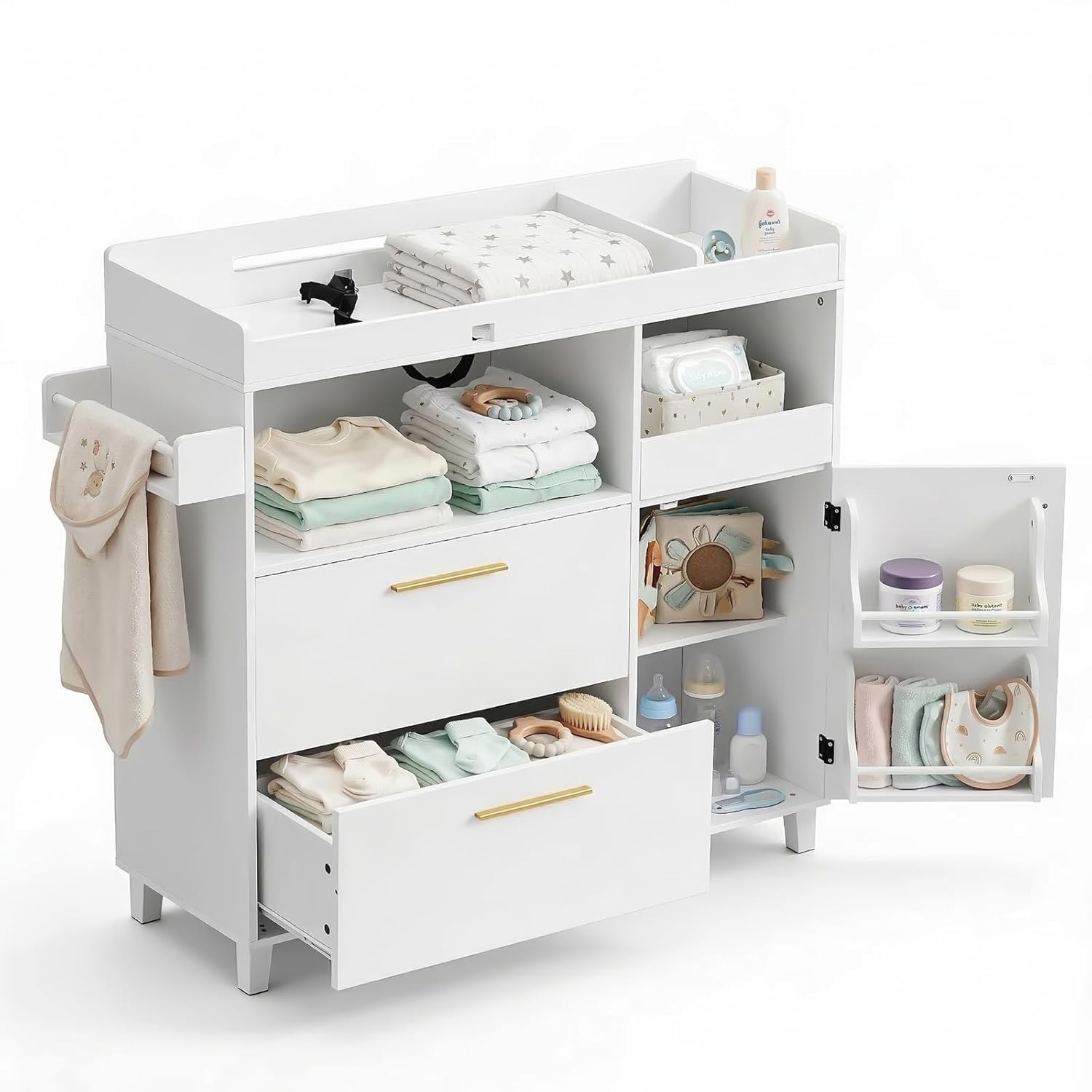 Karl home Nursery Dresser with Changing Table, Baby Diaper Changing Station Infant Nursing Table with 2 Drawers & Side Shelves, Dismountable Safety Rail & Strap for Bedroom, Nursery, White