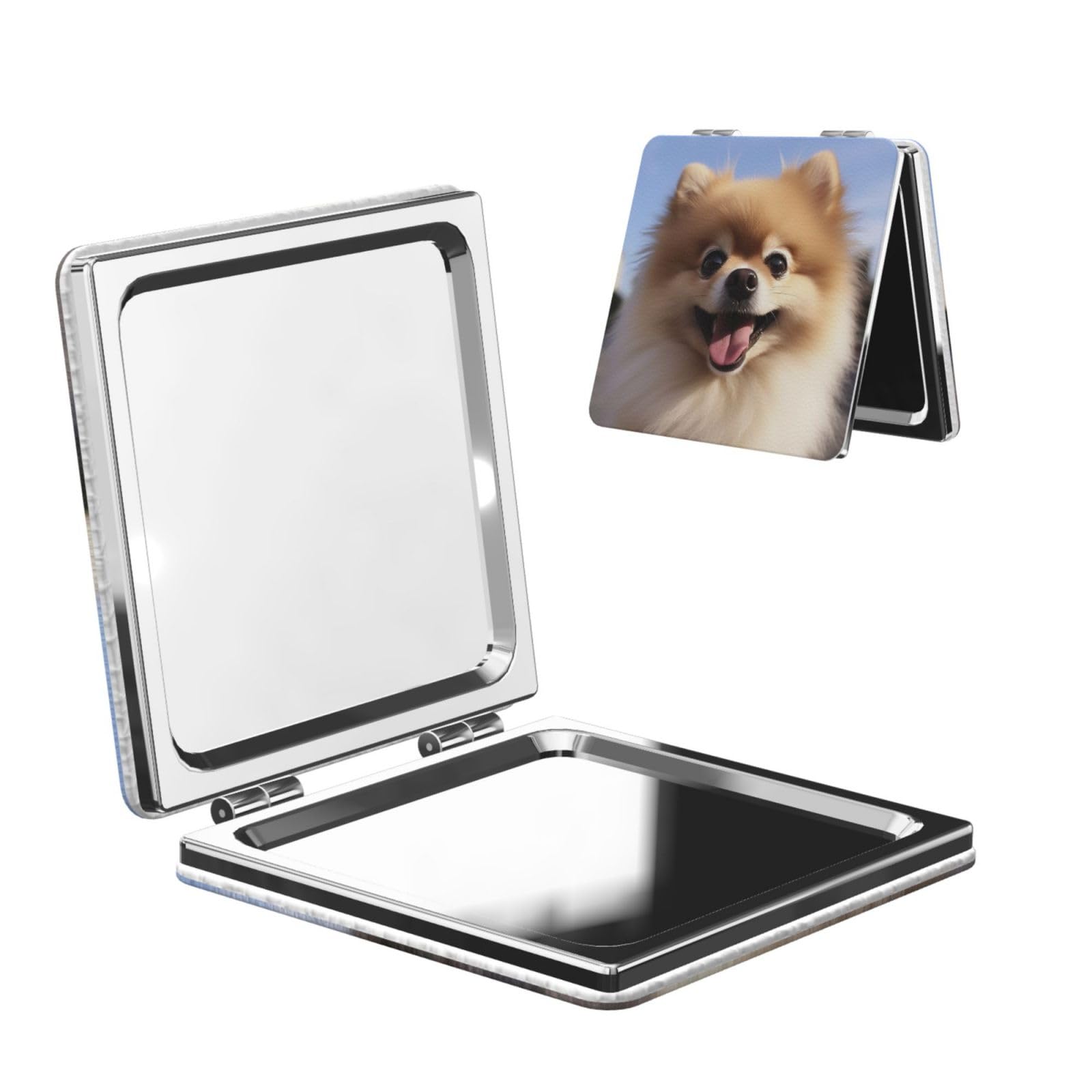 DWVTSLH Happy Pomeranian Compact Mirror for Purse, Double-Sided 2X/1X Magnifying Mirror for Women Men, Travel Makeup Mirror for Handbag, Handheld Vanity Mirror for Gift