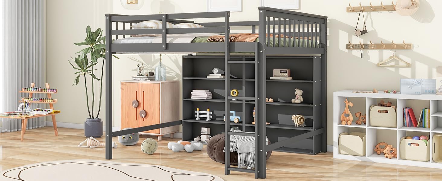 Full Size Loft Bed with 8 Open Storage Shelves and Built-in Ladder, Antique Grey