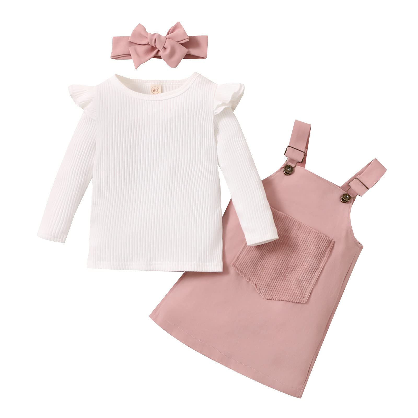 Toddler Baby Girl Outfit Ruffle Sleeve Romper Suspender Skirt Overall Dress Headband Infant Fall Winter Clothes Set (Shirt Style Pink,4-5T)