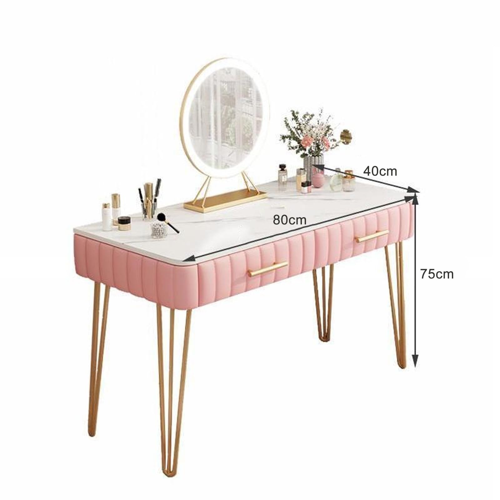 Elegante set da toeletta con 2 grandi cassetti e robusta postazione trucco per donne e ragazze, gambe in metallo e specchio, decorazione per camera da letto