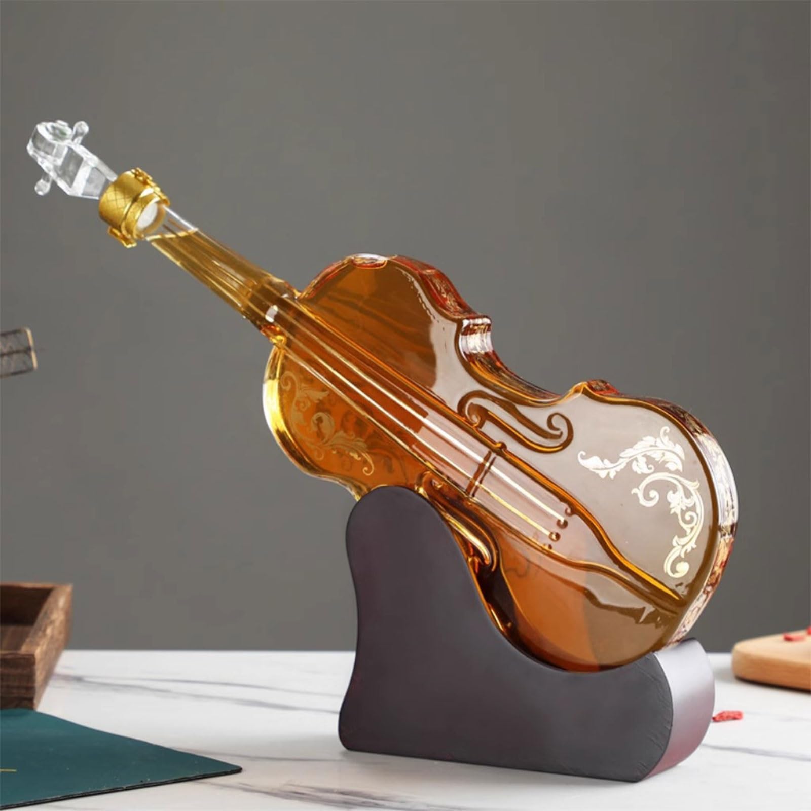 Carafe À Whisky 1000 Ml En Verre Forme Violon Avec Support En Bois, Décanteur À Spiritueux Transparent, Bouteille Pour Scotch, Rhum, Brandy, Vin, Cadeau Homme, Accessoire Bar Maison
