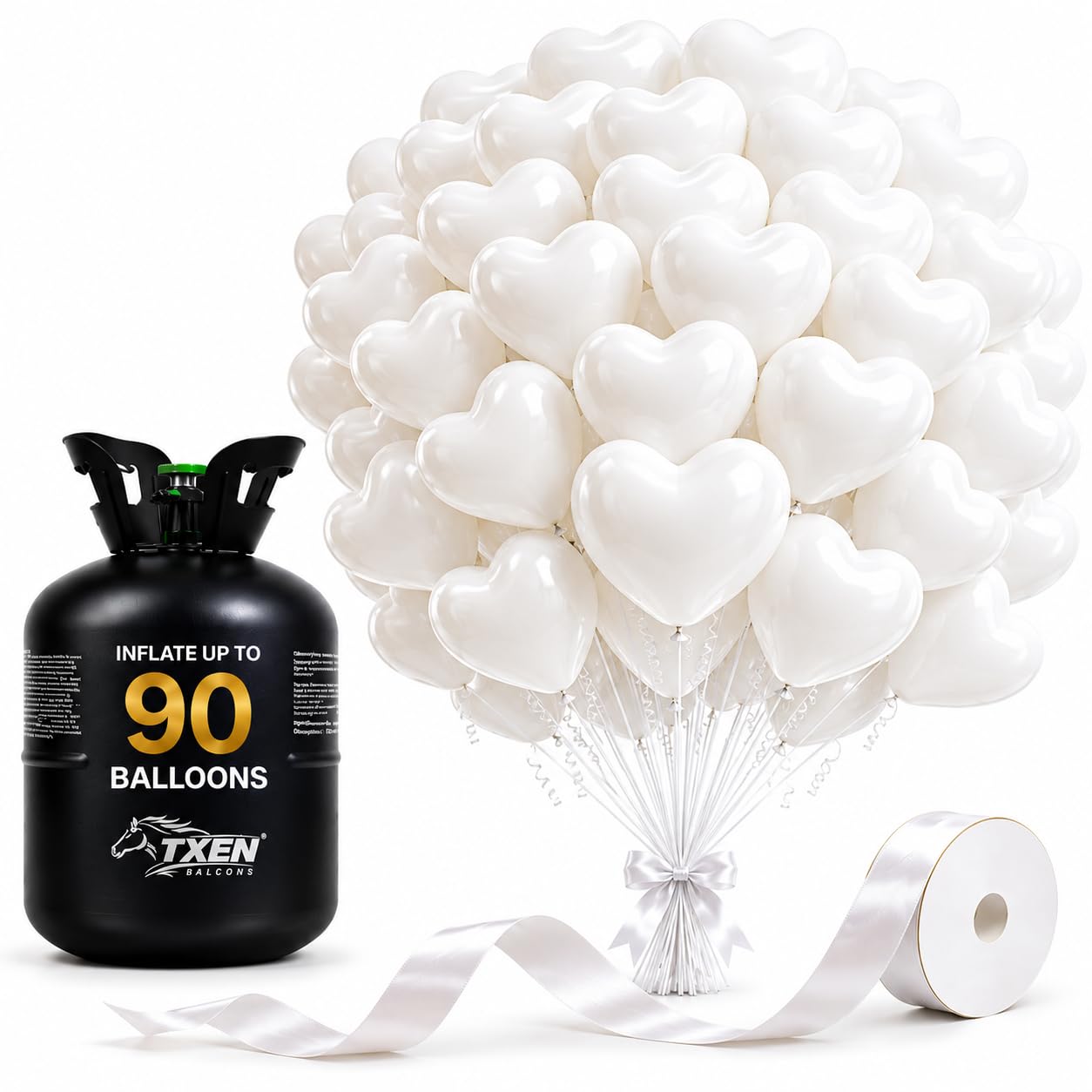 TXEN 22L Disposable Helium Tank, Portable Balloon Helium Cylinder, Fills Up to 90 Latex Balloons, Includes 50 White Heart Balloons and Ribbon, Easy, Fast, No Refill, Party Ready
