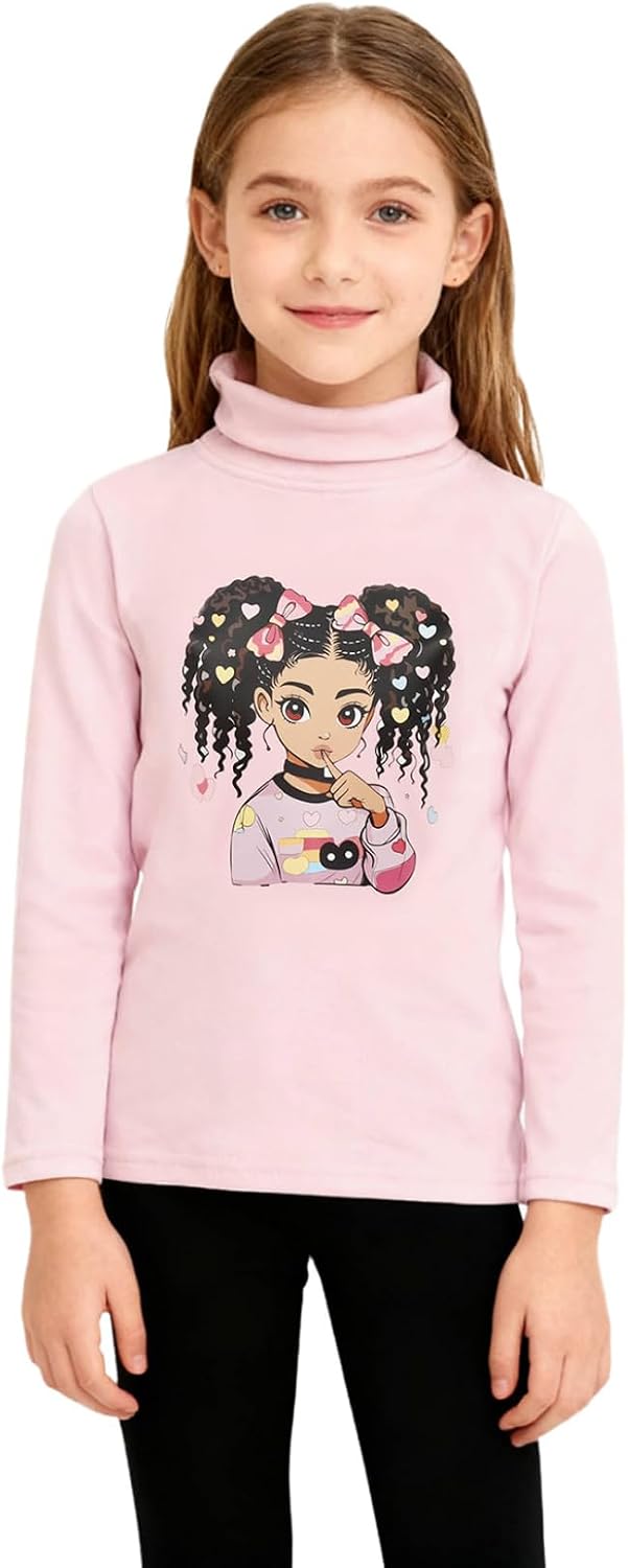 TTAO Girls High Neck Fleece Top Printed Long Sleeve Thick Thermal Shirt