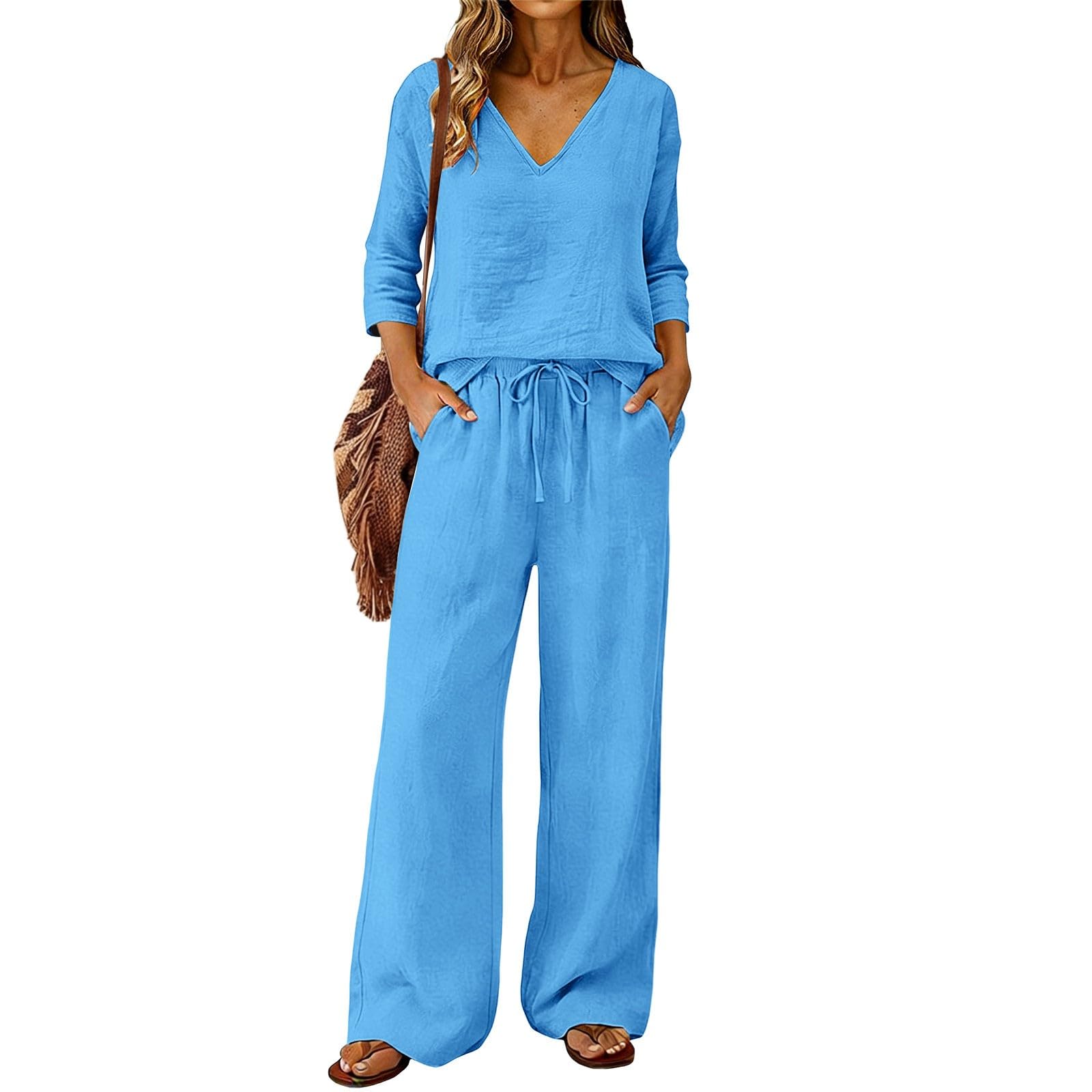 Completo Coordinato Donna, Maglia Scollo a V Maniche Tre Quarti, Pantaloni a Gamba Larga con Coulisse e Tasche Laterali, Abbigliamento Vacanza Estiva Comodo Quotidiano
