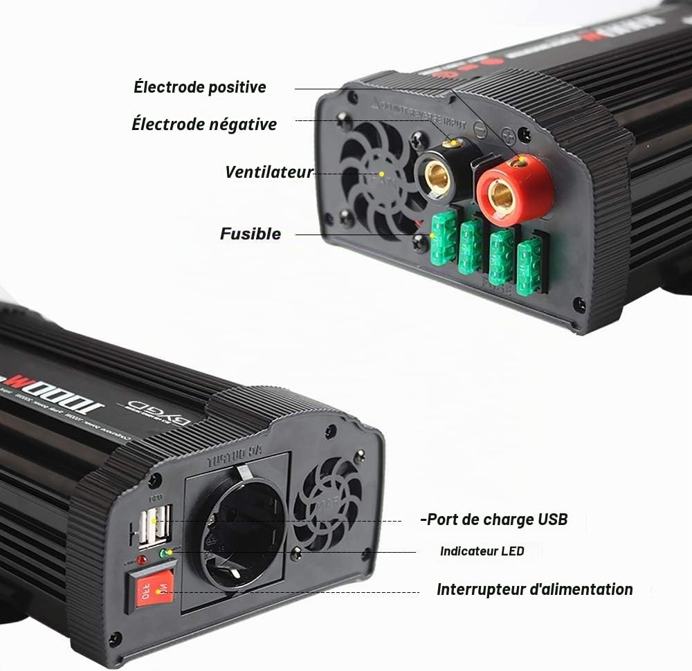 BYGD 1000W Convertisseur 12v 220v, avec 1 Prise française et 2 Ports USB | Alimentation Stable 1000W, Protection Surchauffe/Surcharge, Idéal Pour Recharger Téléphone, Tablette en Trajet Voiture