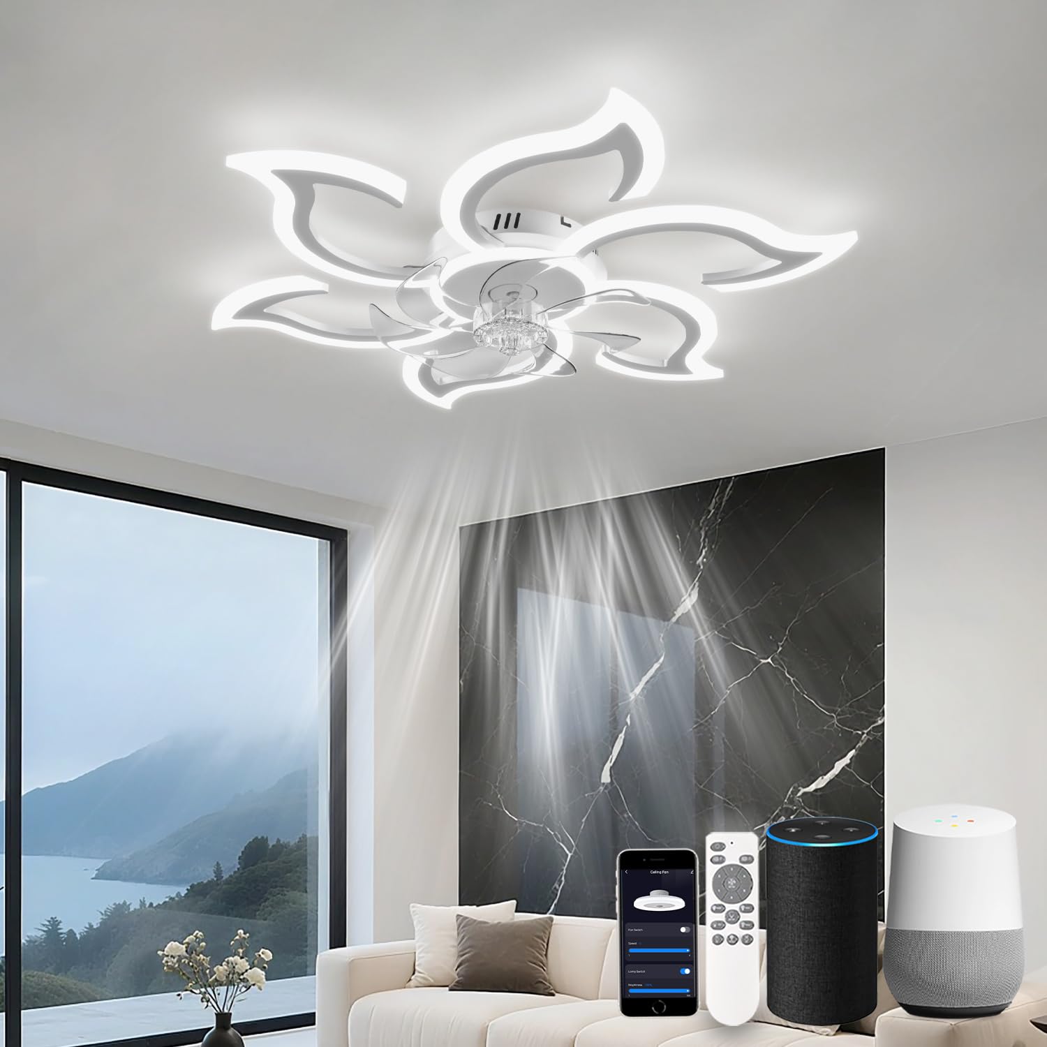LJX Silent Fan Lamp Compatible with Alexa 88 cm Flower Ceiling Fan with Light and Remote Control 2.4 GHz Wi-Fi Adjustable Timer for Bedroom Living Room, White