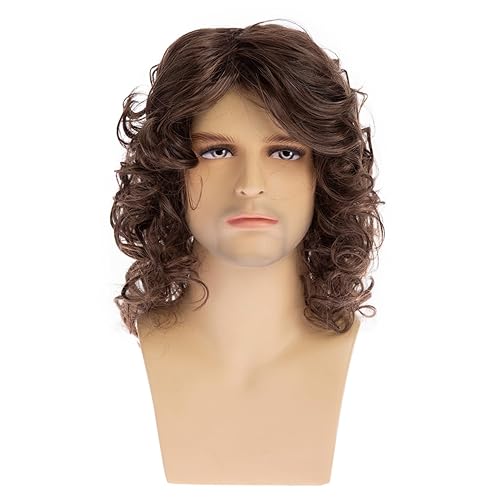 Miniatura 10 de Beweig Peluca marrón larga ondulada para hombre, longitud al hombro, parte lateral, unisex, resistente al calor, pelo sintético, cosplay, fiesta,
