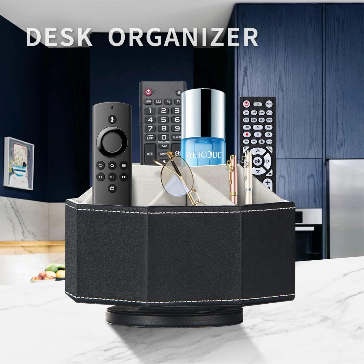 Remote Control Holder, Swivel 9 Rooms Desk Organizer and Decorations for Living Room, Leather Bedside Storage Caddy for TV Controllers/ Makeup Brush Pen/ Office Stationery/ Art Supplies/ Eyeglasses