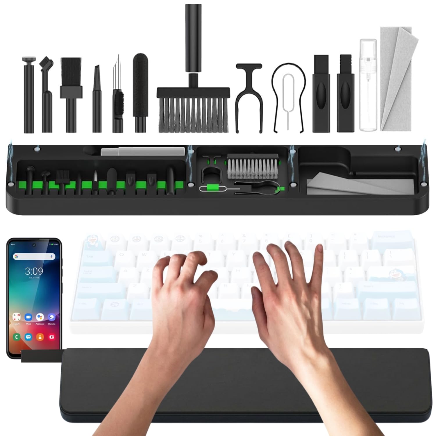 Elfora 21-in-1 Cleaning Kit with Keyboard Wrist Rest | Ergonomic Wrist Support with Non-Slip Base | Deep Cleaning Tools for Keyboard, Camera, Airpod, Charging Port, Tablet & Electronic Devices (Black)