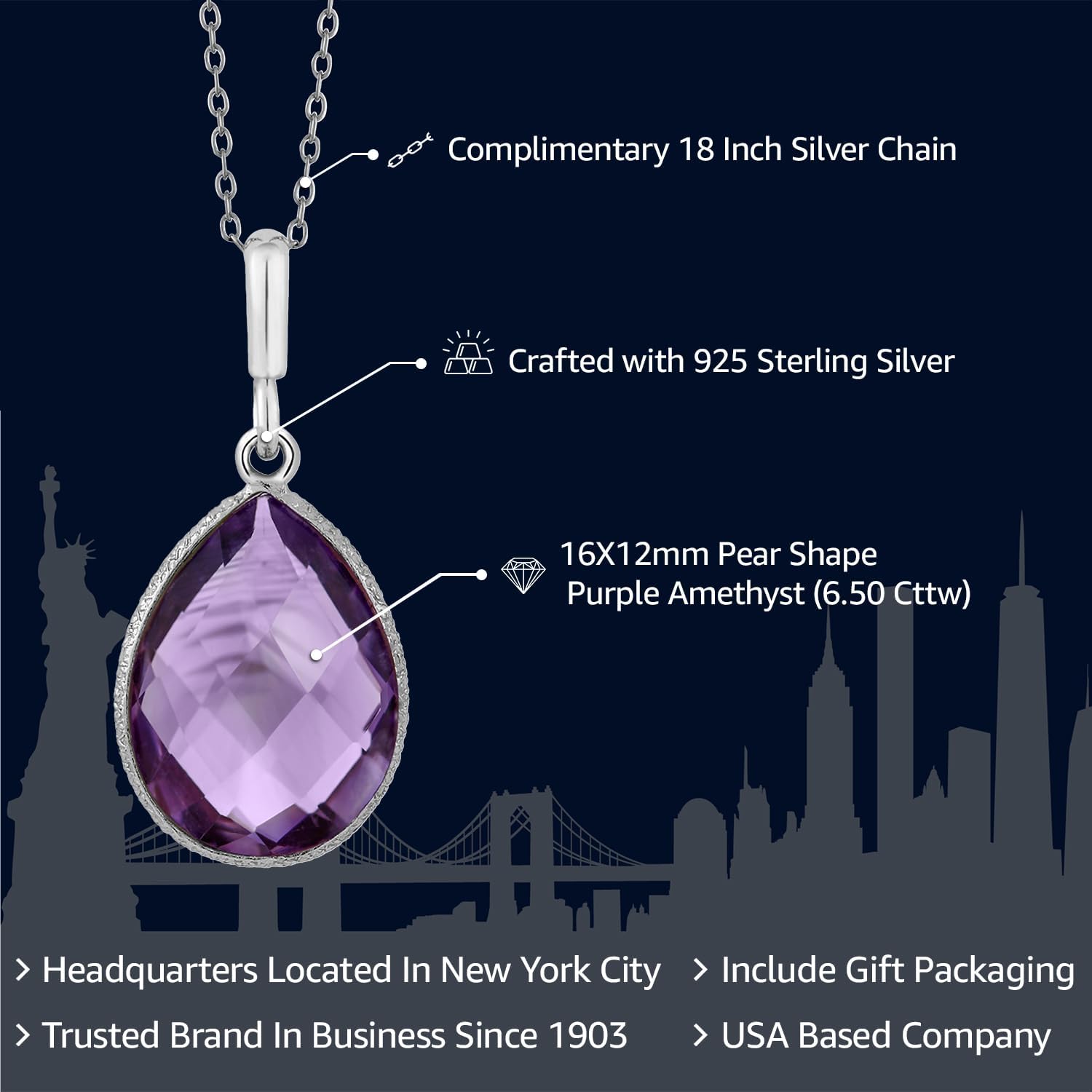 Gem Stone King 6.50 Cttw Amethyst Teardrop Pendant Necklace For Women | 925 Sterling Silver | Pear Shape 16X12MM | Gemstone Birthstone | With 18 Inch Silver Chain - Image 2