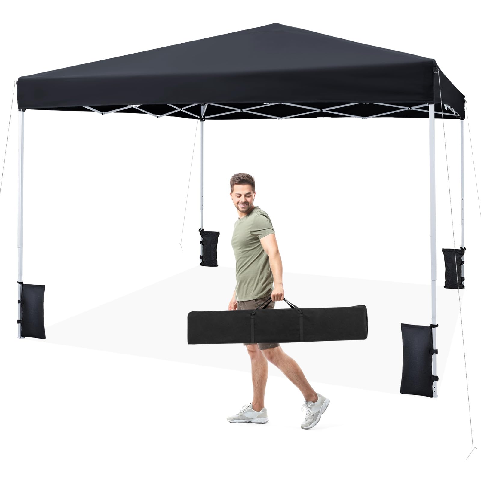 COSTWAY Gazebo da Esterno Pieghevole 290 x 290 cm, Gazebo Pop up con 4 Sacchi di Sabbia e Borsa da Trasporto, Regolabile in Altezza, Telaio Robusto in Metallo, per Mercato, Campeggio (Nero)