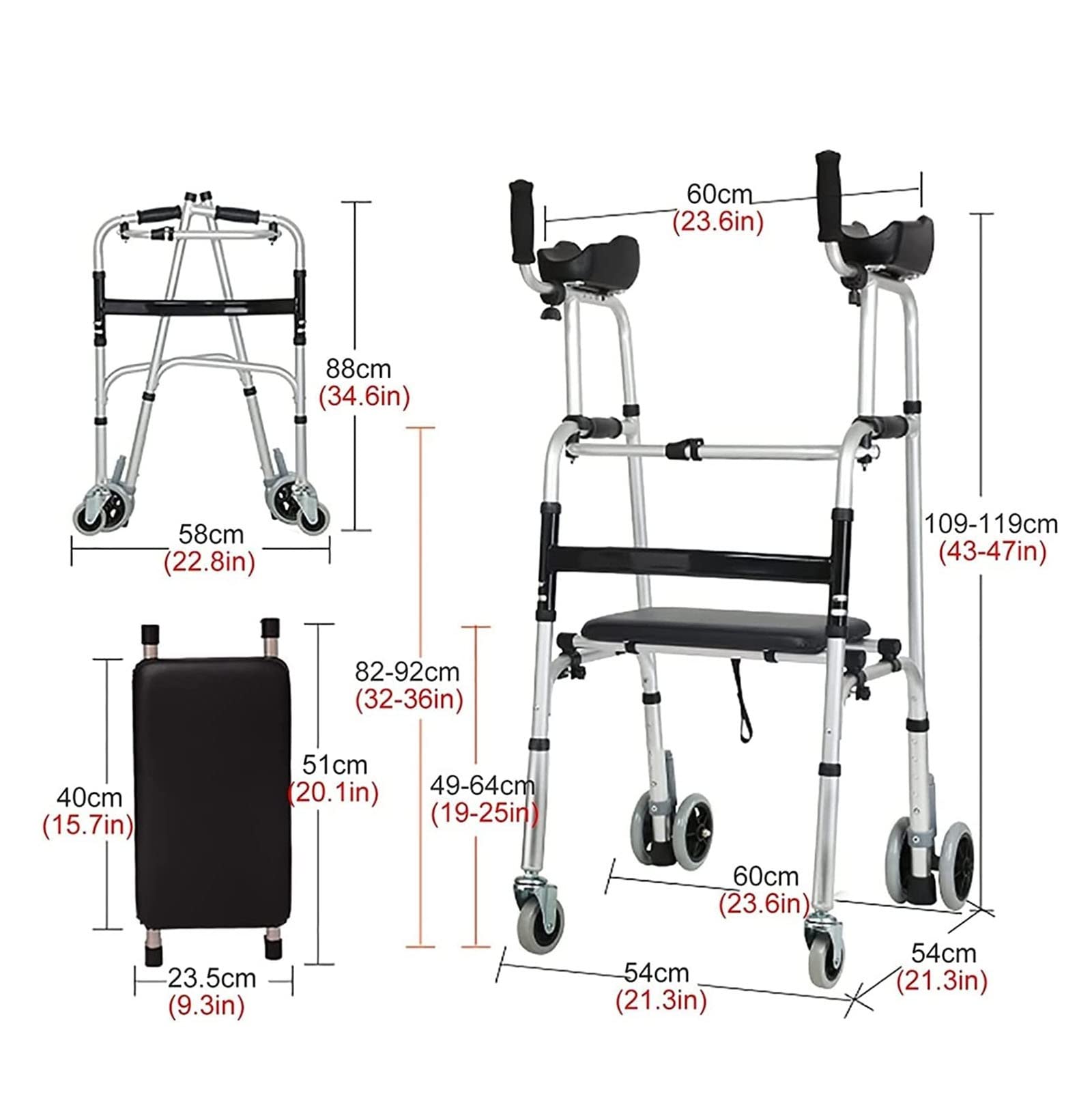 CEEBUS Deambulatore Rollator Deambulatori Verticali per Anziani con Sedile E Supporto Ascellare, Deambulatore Portatile Pieghevole/Ausilio per La Deambulazione per Persone Grandi O Disabili