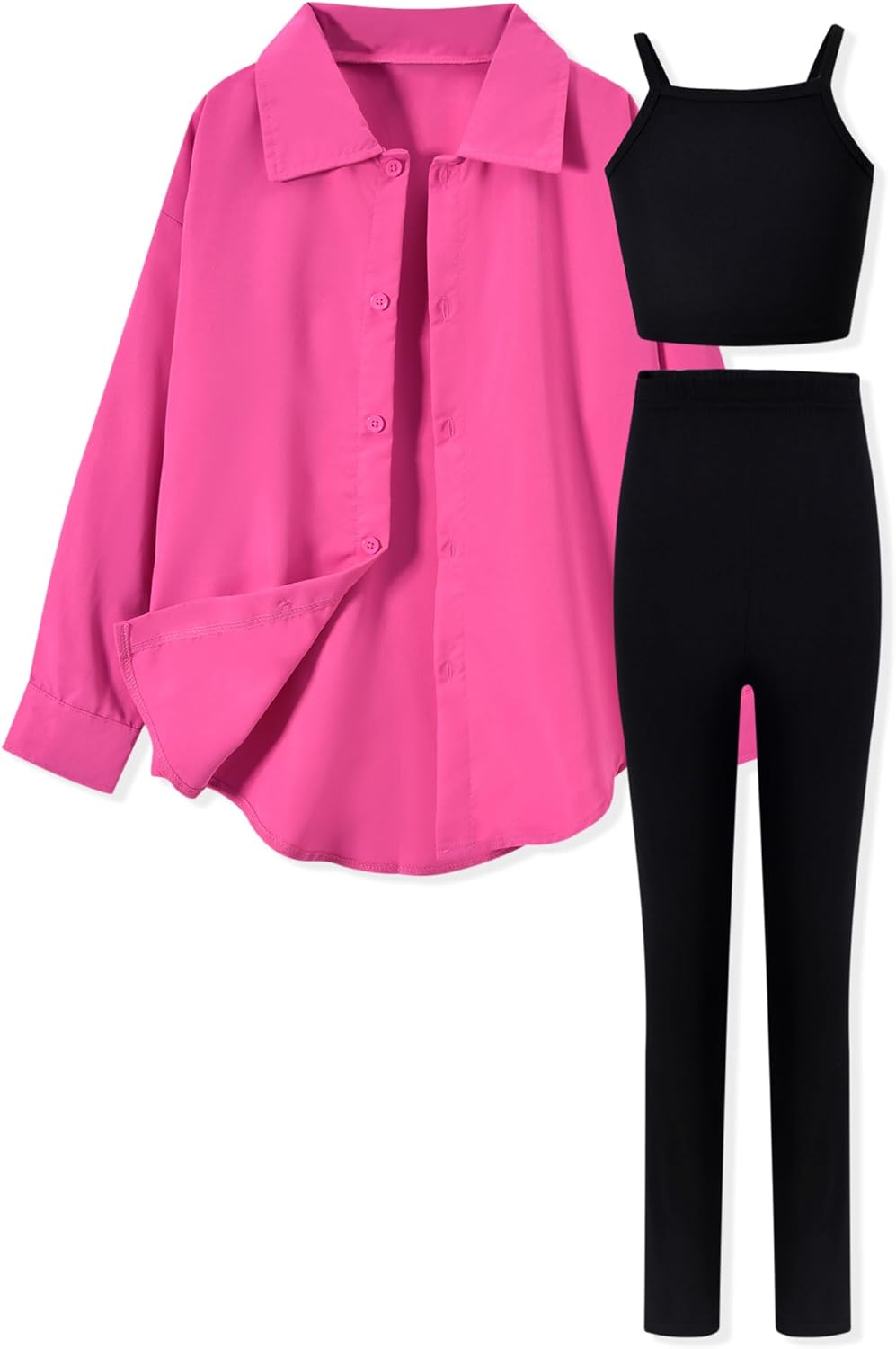 HIHA Girls 3 Piece Outfit Cami Top Legging Pants Set with Button Down Shirt