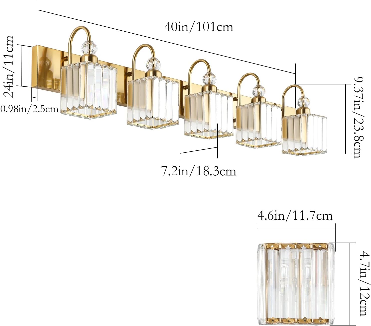 Ralbay Gold Crystal 5-Light Bathroom Vanity Lights Over Mirror Modern Crystal Gold Bathroom Vanity Lighting