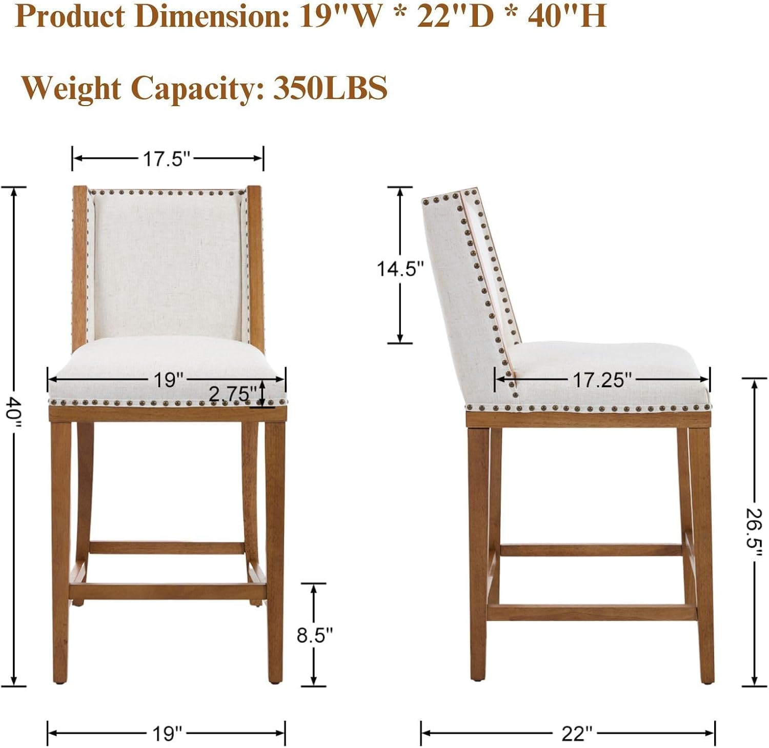 Upholstered Farmhouse Bar Stool Set of 2, 26" Counter Height Barstools with Nailhead Trim, Linen Fabric Breakfast Bar Stool Seating for Dining Room/Home Bar/Patio, Beige