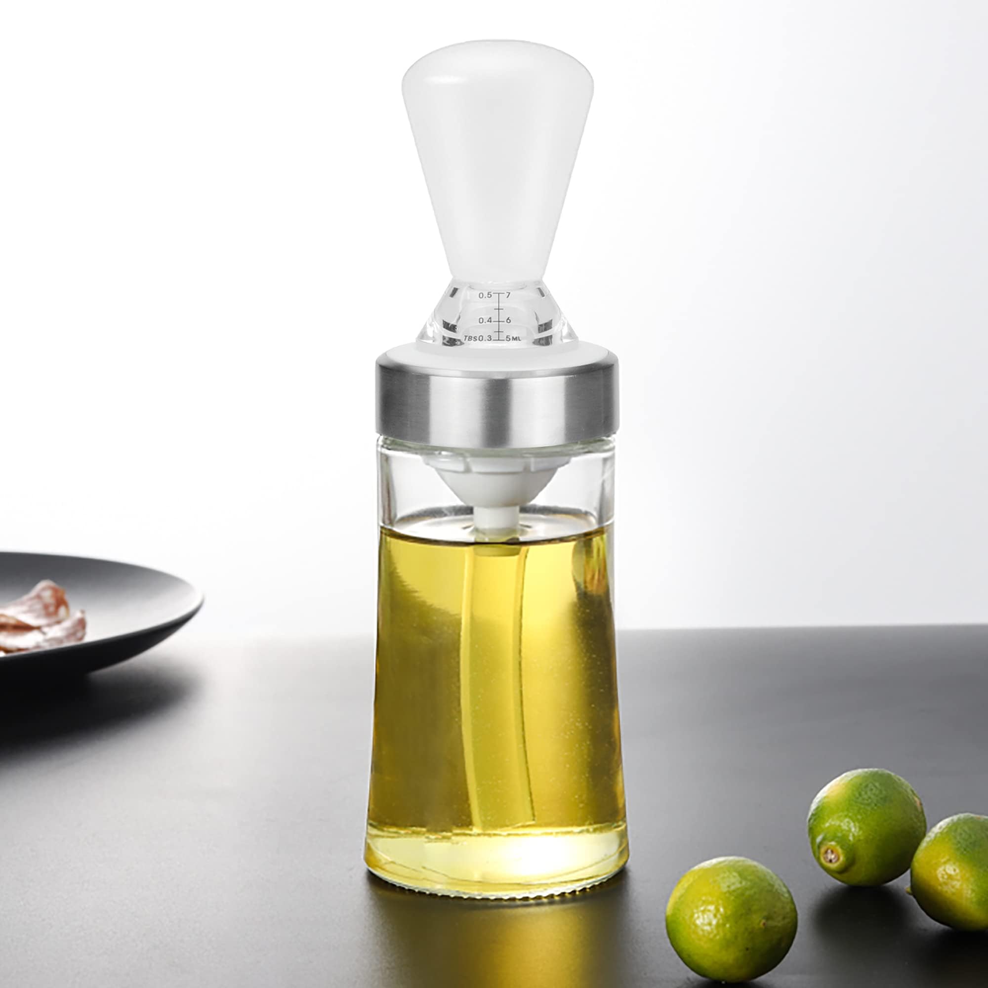 Glass Oil Dispenser Bottle for Kitchen with Brush, Oil Dispenser with Brush, White
