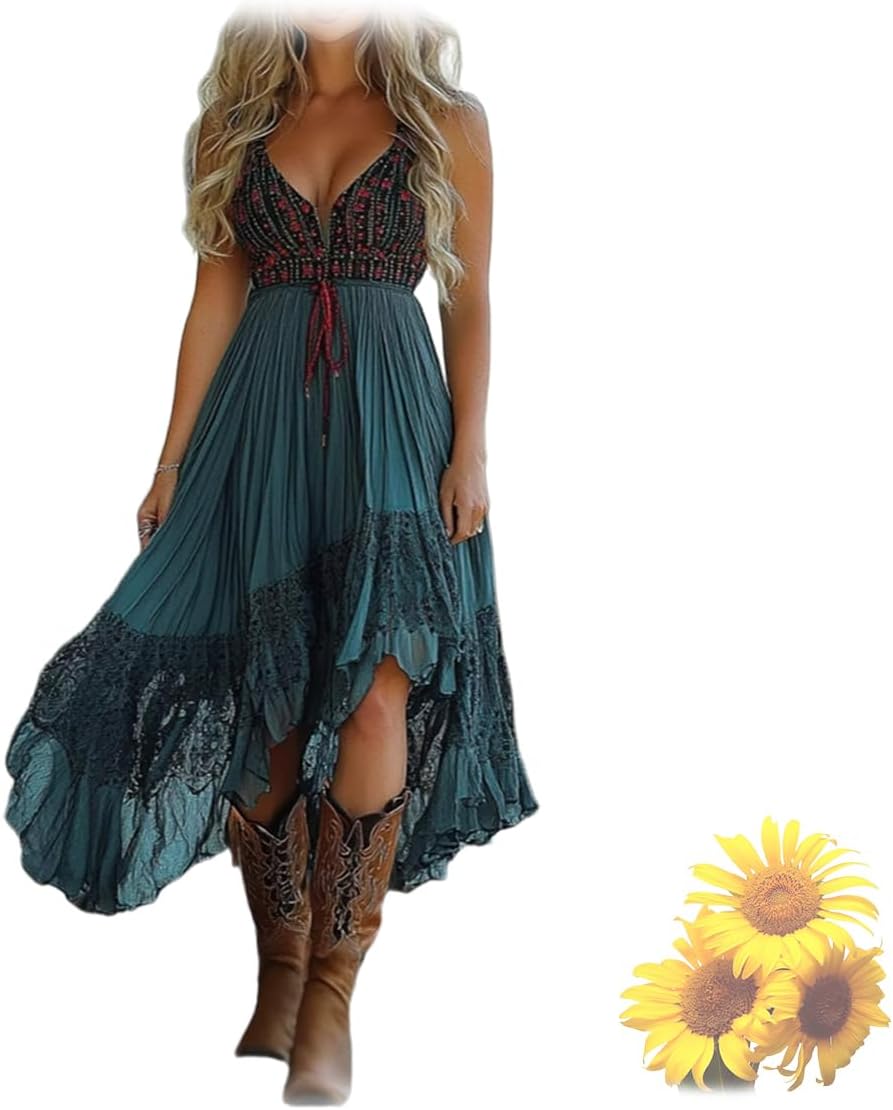 Womens vintage cowgirl dress with lace trim and tie