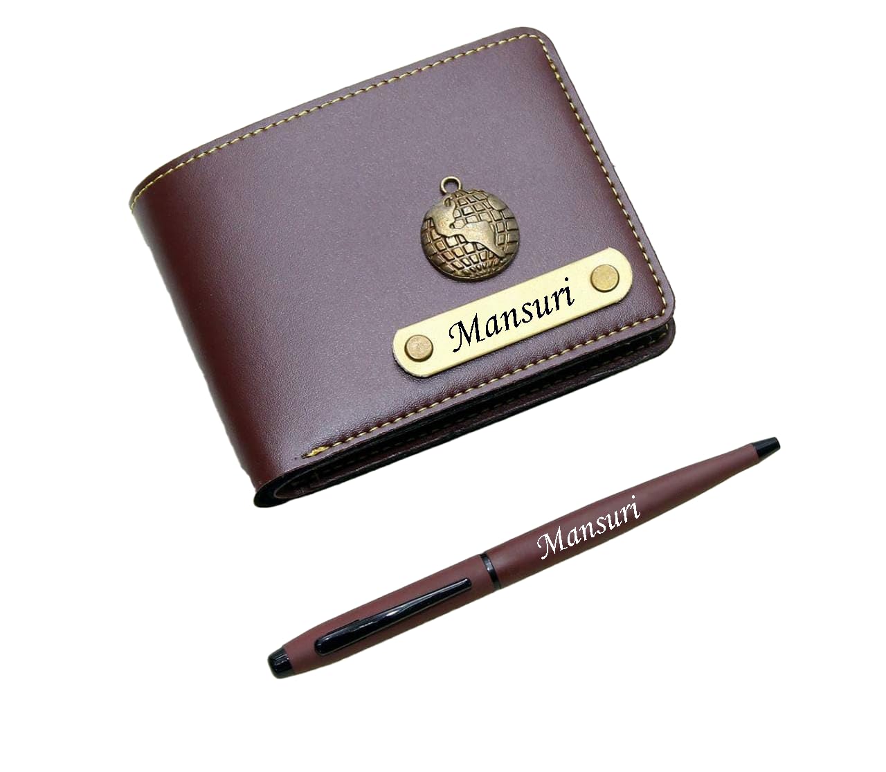as store Customized Name Wallet and Pen Combo for Men with Personalized 13 Languages, 2 Font Name and 38 Charm Gift for Your Loved Once - Brown-picture-47