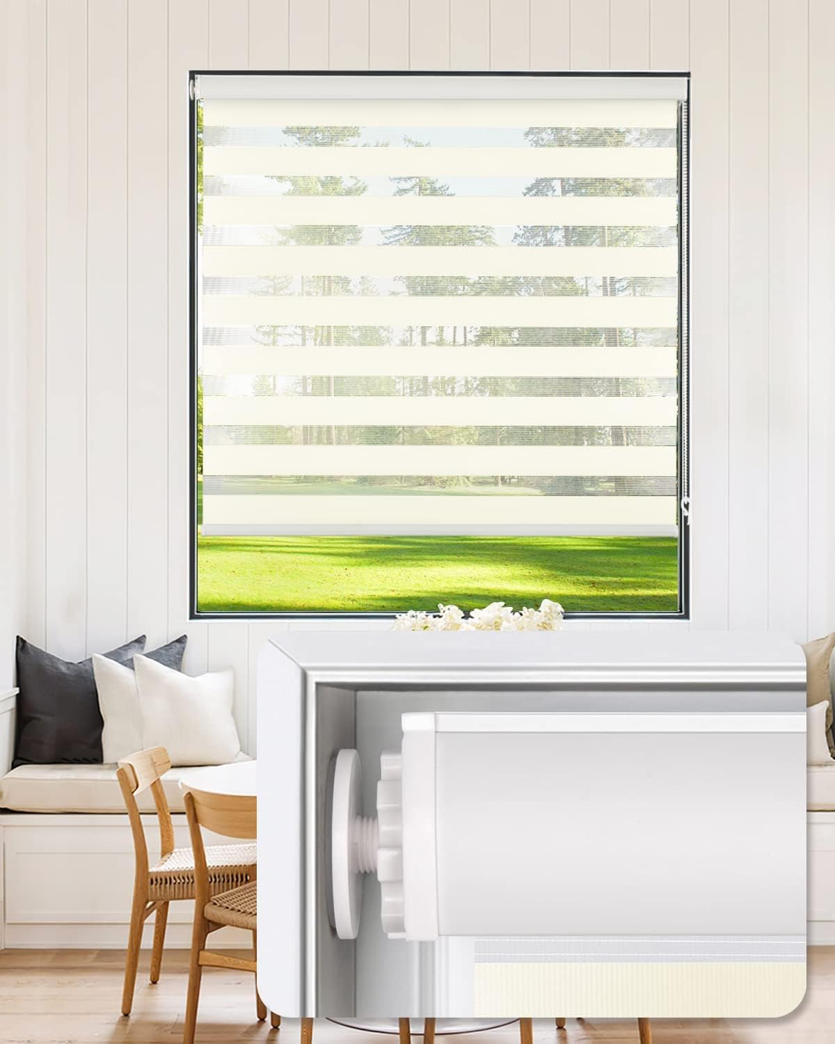 LazBlinds Dual Layer Zebra Roller Blinds No Tools No Drill Light Filtering Sheer Privacy Light Blocking Window Shades for Day and Night - Fit for Window Size 35 1/2" W x 72" H, Cream