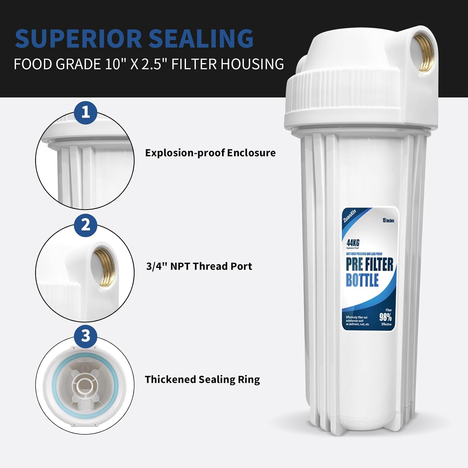 Whole House Water Filter Housing, Fit 10"x2.5" Sediment etc Filters for Well and City Water, Pre-Filtration System for Home, 3/4" Brass Port, Heavy Duty Steel Bracket, 4 Screws, Wrench, 1 Pp Cotton