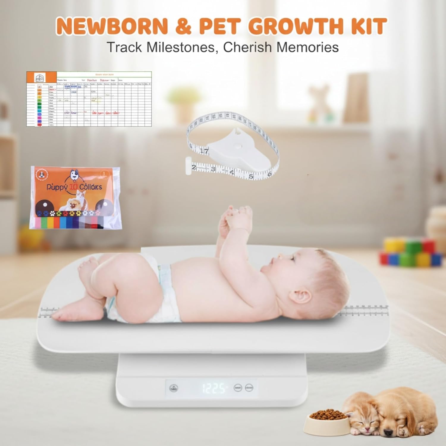 Baby Scale & Pet Scale with 60cm Tray, 330lb-150kg Digital Scale for Newborn, Puppy, Cat, Dog & Adult, Includes Tape Measure, Puppy Collar & Record Card, Hold/Tare Function,5 Unit Conversions