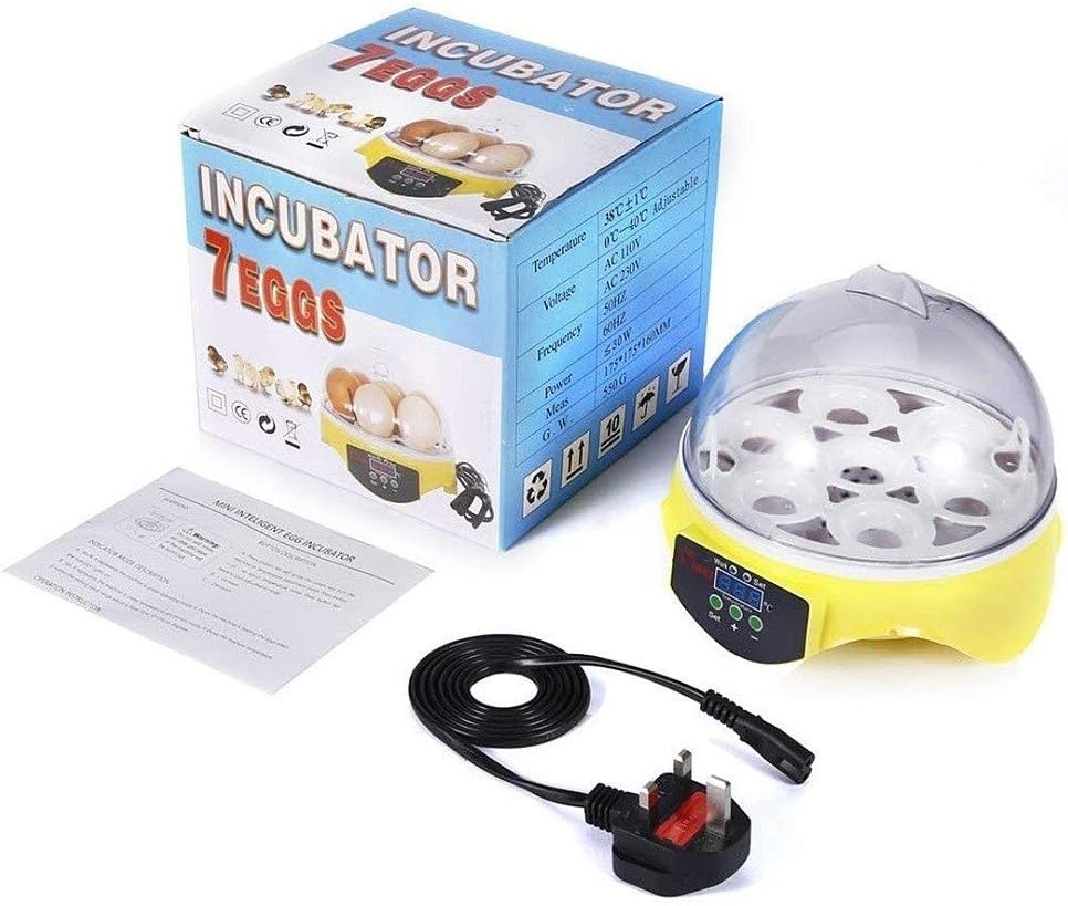 GFAZXDS Mini 7-Egg Incubator packaging, components, and power adapter