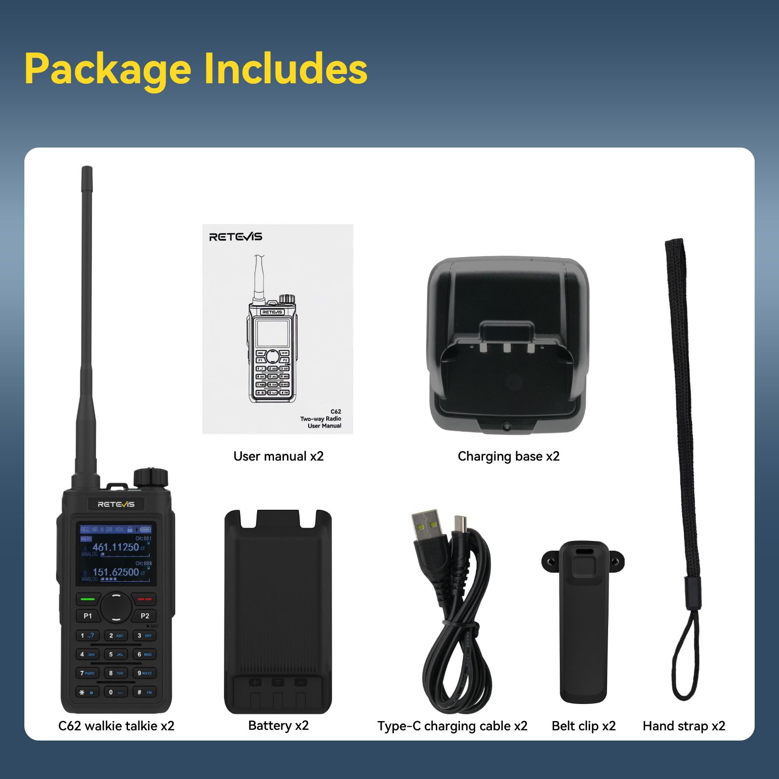 Retevis C62 Ham Walkie Talkie, 2-drożne radio o dużej mocy i dalekim zasięgu, latarka, 2000 mAh, typ C, do wędrówek, polowania, biwakowania, czarne