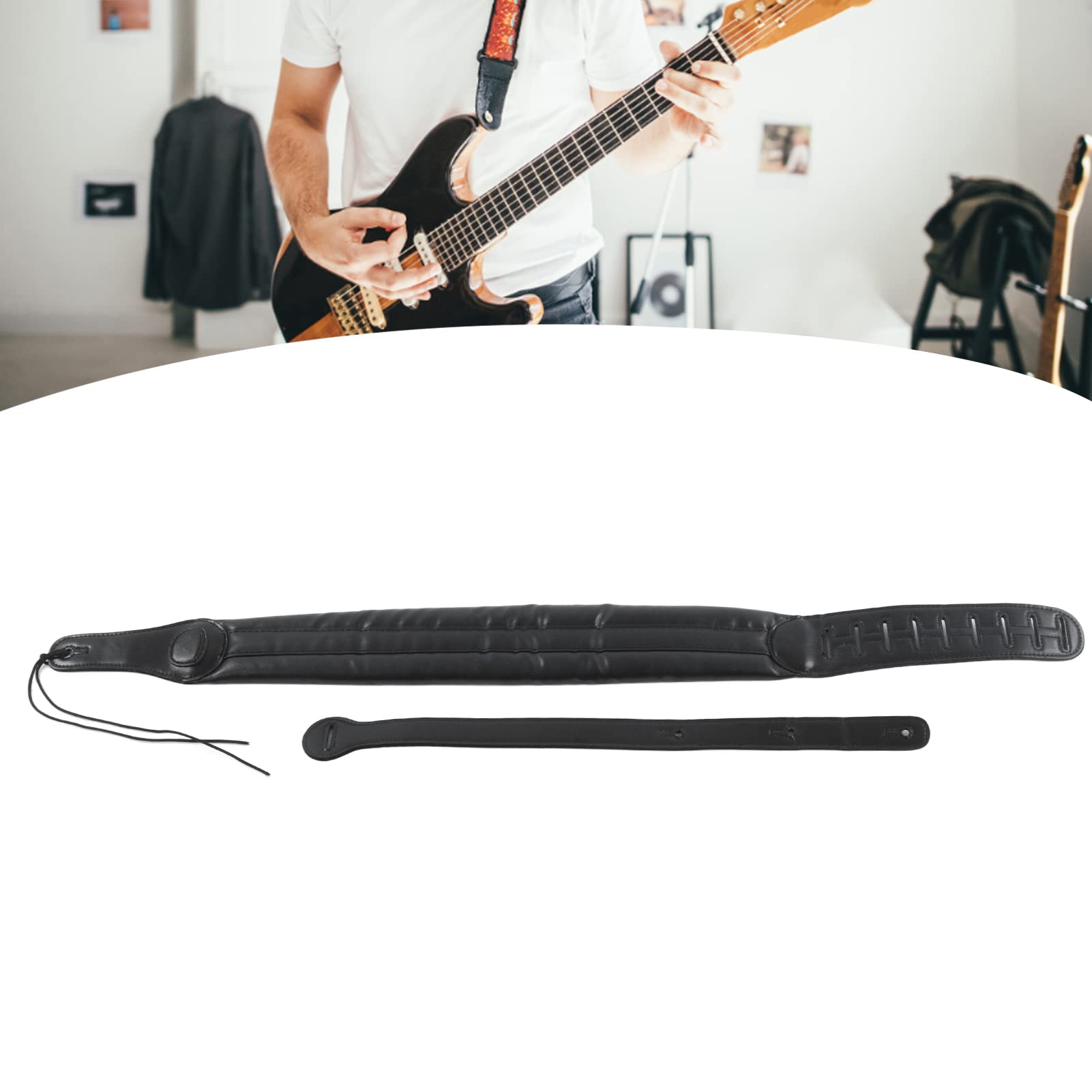 Skórzany pasek do gitary regulowany pasek na ramię, akcesoria instrumentalne do basu, jakość premium, wygodna, ergonomiczna konstrukcja dla gitarzystów, muzyków, czarna skóra, perłowa bawełna