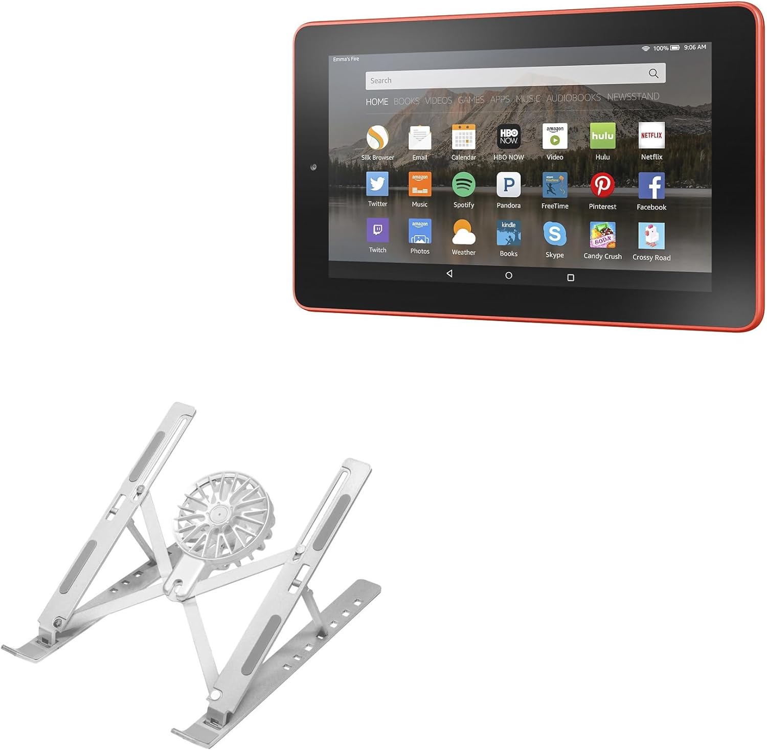 BoxWave Stand and Mount Compatible with Amazon Fire (5th Gen 2015) - QuickSwitch Stand with Cooling Fan, Portable, Multi Angle Viewing Ventilator - Metallic Silver