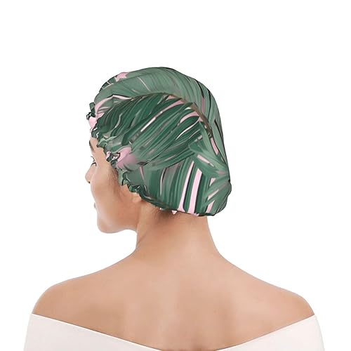 Miniatura 8 de Gorro de ducha con estampado de hojas de palmera verde rosa para mujer, gorro de baño impermeable reutilizable de doble capa, gorro de ducha para