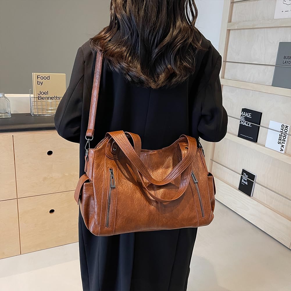 hibear Tote Bag for Women,PU Leather Shoulder Handbag Large Work Totes Multi-Pocket Concealed Carry Hobo Crossbody Bag