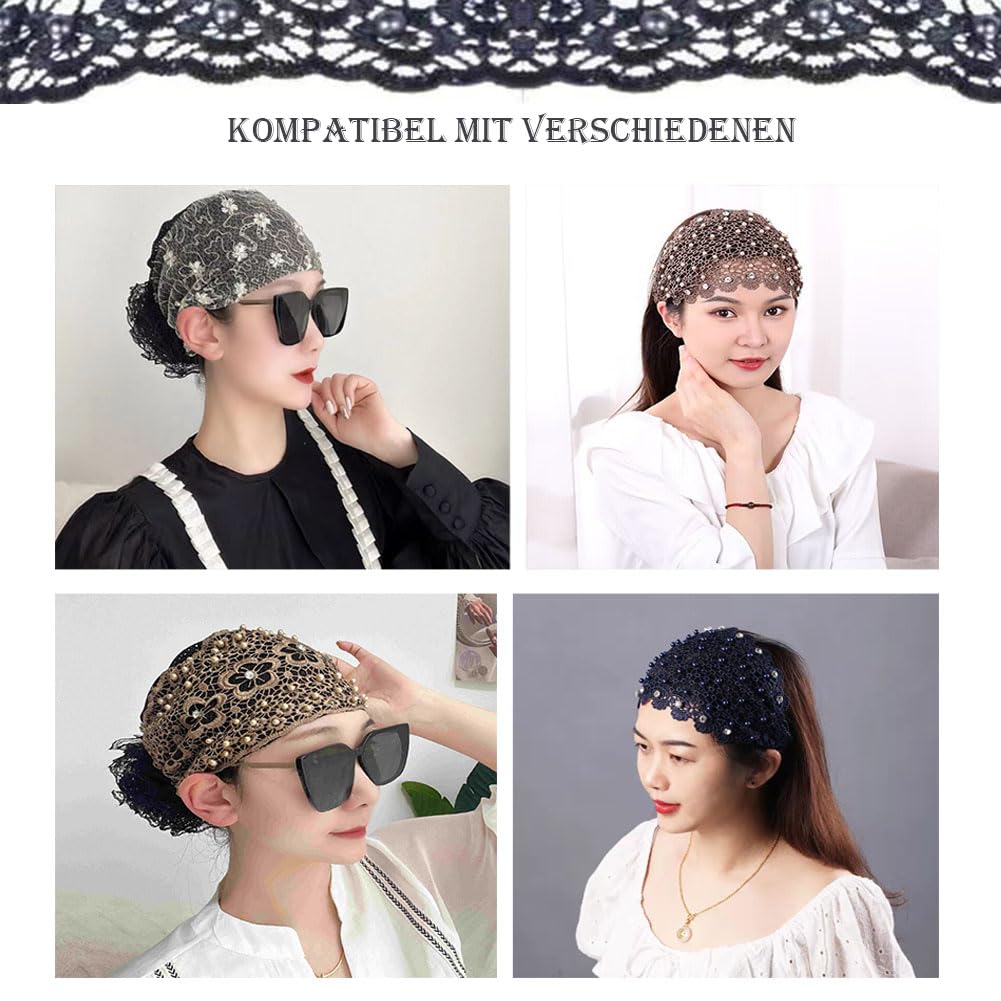 Cinta para el pelo para mujer, 5 unidades, elástica, con perlas, ancho de encaje, cinta de ganchillo, diadema retro, pañuelo para la cabeza, banda para la cabeza, banda para el pelo, banda para