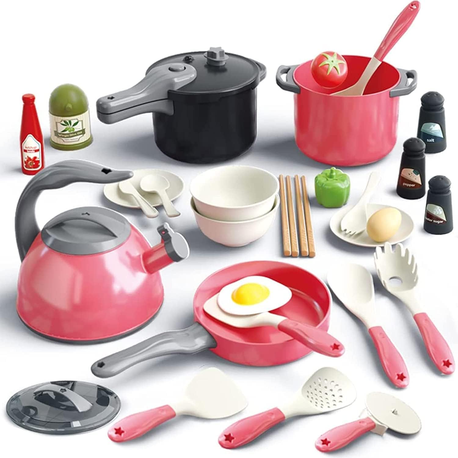 AM ANNA 32Pcs Kids Kitchen Toy Accessories,Toddler Pretend Cooking Playset Including Play Pots and Pans,Utensils Cookware Toys,Play Food Set,Learning Gift for Kids Toddlers Girls Boys