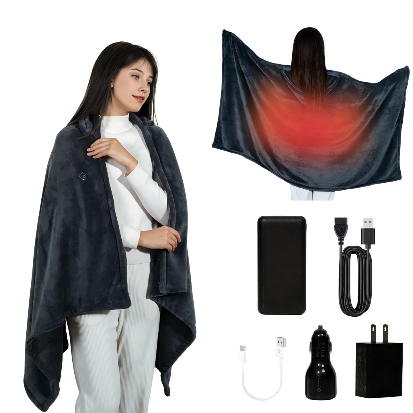 Cordless Heated Blanket Battery Powered; USB Wearable Portable Heated Throw Blanket with Hood, 20000 mAh Battery, 9 Heating Zone, 3-Level; Portable