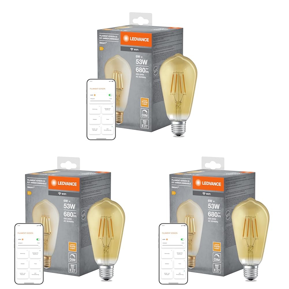 LEDVANCE Smarte LED-Lampe mit WiFi Technologie in Gold Edison Form, Sockel E27, Dimmbar,Warmweiß (2400K), ersetzt Glühlampen mit 53 W, SMART+ WiFi Classic Dimmable, 1er-Pack 4058075610545