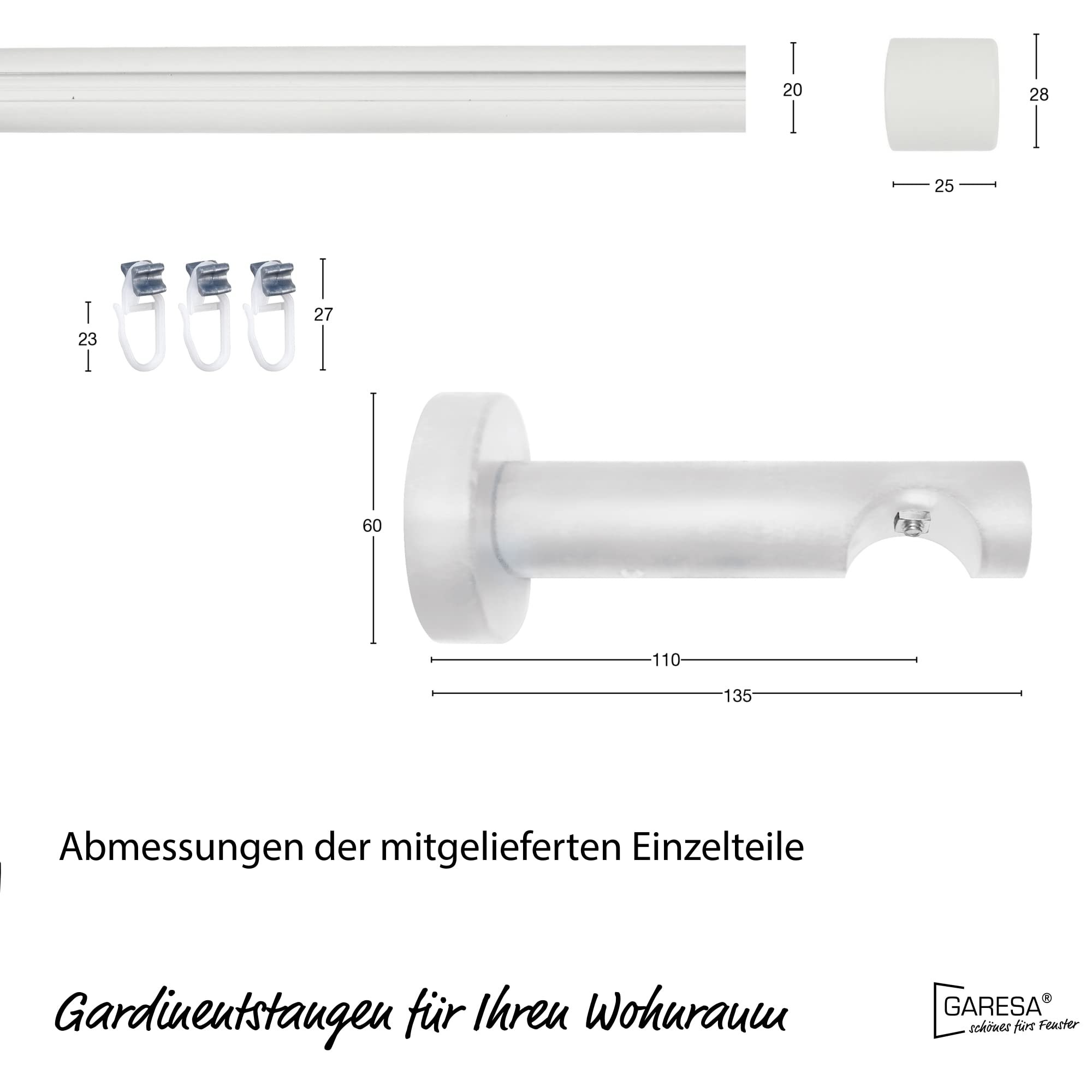 Garesa Gardinenstange Kea Ø 20mm, 1-läufig, Weiß I Aluminium Vorhangstange inkl. Gleiter I Endknopf Kappe aus Holz I Für mittelschwere Vorhänge I 230cm