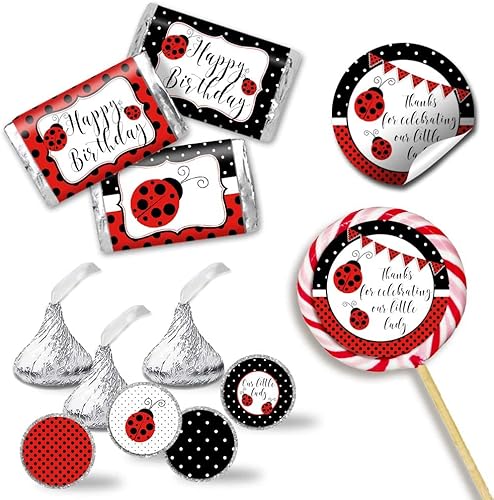 Little Ladybug - Kit de calcomanías para fiesta de cumpleaños de lunares rojos, 429 piezas. Incluye 60 calcomanías circulares de 2 pulgadas para