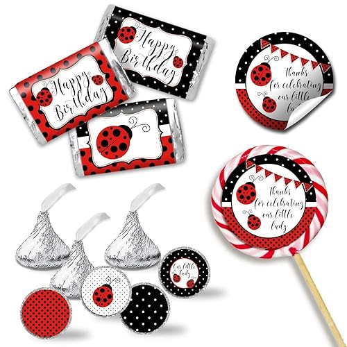 Little Ladybug - Kit de calcomanías para fiesta de cumpleaños de lunares rojos, 429 piezas. Incluye 60 calcomanías circulares de 2 pulgadas para